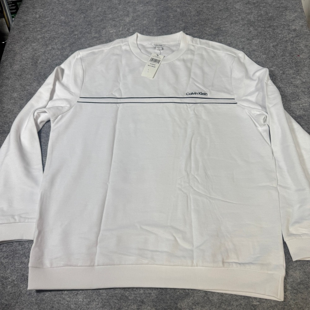 Calvin Klein Mens XL White Striped Logo Crew Neck Sweatshirt 40BO410 NWT